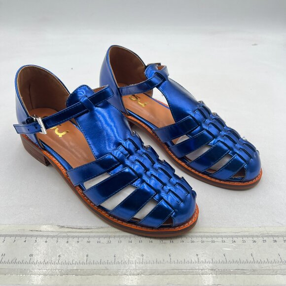 FSJ Blue Retro Closed Toe Sandals Low Block Heel Woven Roman Ankle Strap Sandals - Picture 4 of 8